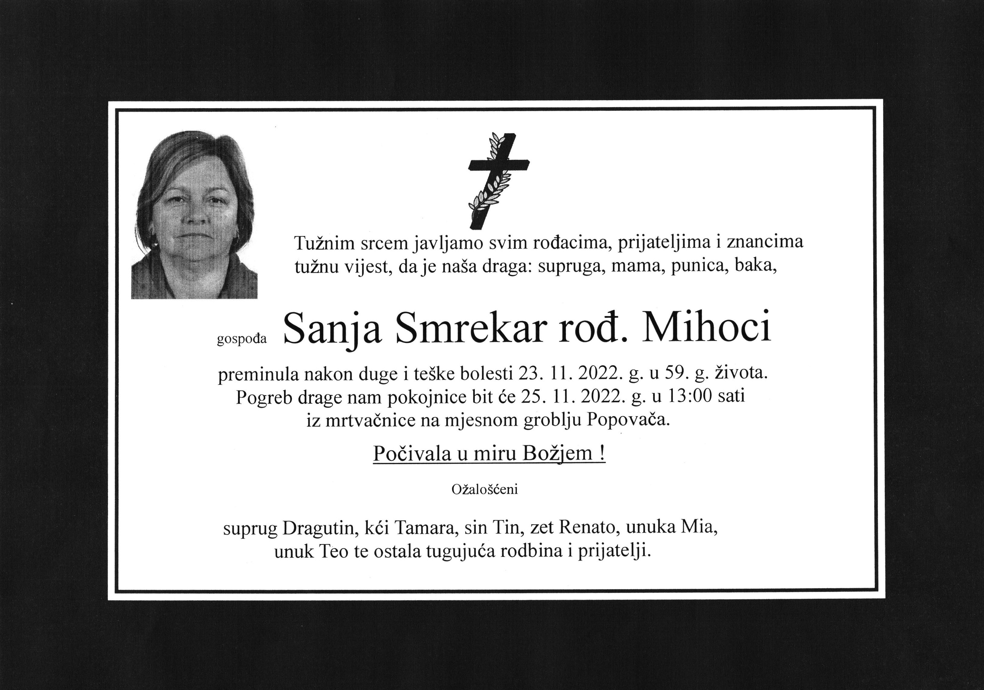 OBAVIJEST O SMRTI - SANJA SMREKAR