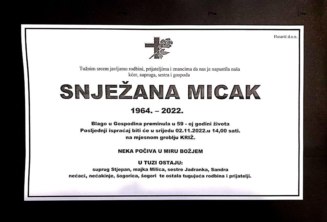 OBAVIJEST O SMRTI - SNJEŽANA MICAK